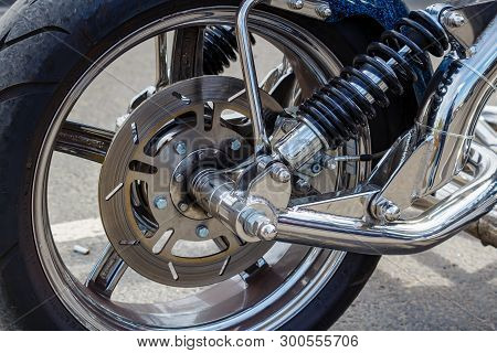 Moscow, Russia - May 04, 2019: Chromed Front Wheel With Disc Brake System And Shock Absorbers Of Boo