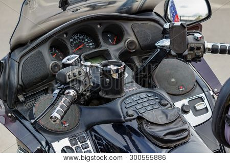 Moscow, Russia - May 04, 2019: Dashboard With Indicators And Multimedia System Of Tourist Trike Hond