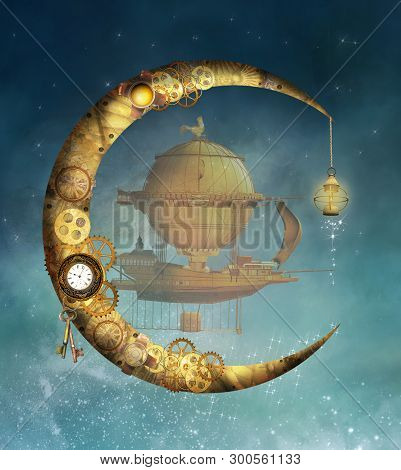 Night Scenery With Steampunk Moon And One Fantasy Airship - 3d Mixed Media Illustration