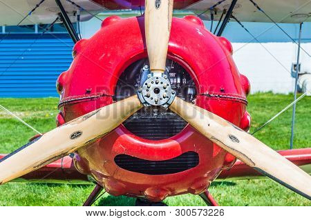 Delta, British Columbia - May 7, 2019: Propeller And Nose Of Red Murphy Renegade Bi-plane At Delta H