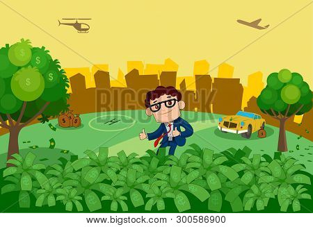 A Succesfull Business Man Standing Inside Money Tree Plants