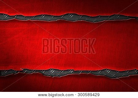 Red Metal Banner On Metal Diamond Plate. Background Andtexture. 3d Illustration