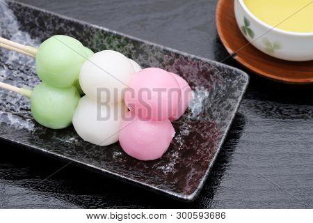 Japanese Traditional Sweets Sanshoku Dango On Black Background