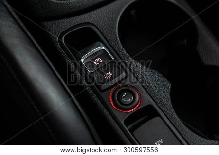 Novosibirsk, Russia - May 10, 2019:  Audi Q3,close-up Of Parkung And Buttons. Photography Of A Moder