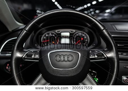 Novosibirsk, Russia - May 10, 2019:  Audi Q3,close-up Of The Dashboard, Speedometer, Tachometer And 