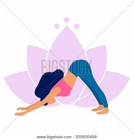 Woman Practicing Yoga Adho Mukha Svanasana Pose. Downward Facing Dog. Yoga Exercise On Lotus Backgro