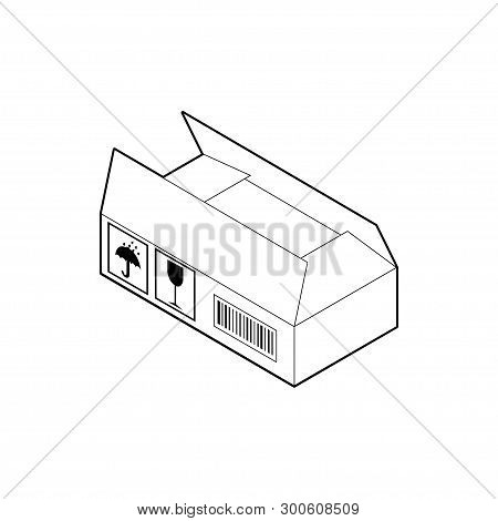 Outline Icon Of Wide Cardboard Box. Empty Corrugated Box With Two Open And Two Closed Flaps. Isometr