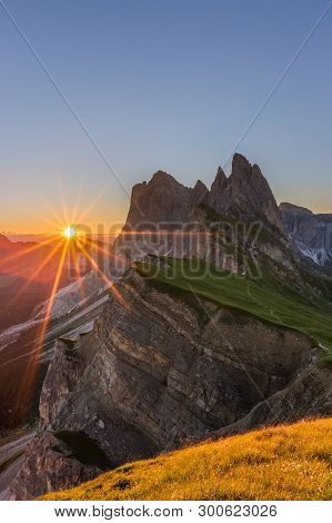 Beautiful sunrise and Odle Mountain landscape in Dolomites, Italy