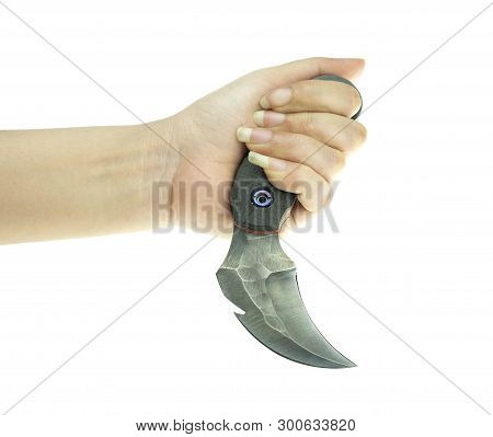Karambit Knife In Lady Hand Tactical Fighter On White Background, Self Defense Martial Arts Fighting