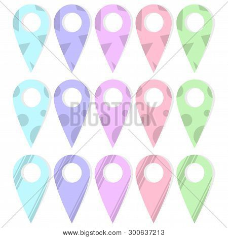 Set Of Label Icons On A Map In Various Colors And Outline Styles. Cartoon Style. Vector On White Bac