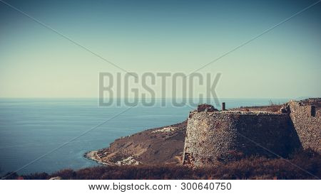 Greek Castles. The Castle Of Kelefa And Sea Bay Of Oitylo In The Background, Mani, Laconia, Greece.