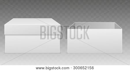 Realistic Packaging Boxes. Empty White Box Mockup, Consumer Cardboard Package Paper Wrap Open Closed