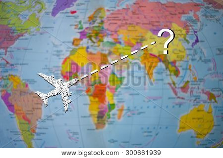 White Plain Is Flying To Unknown Destinatiun Around The World. Map Of The World
