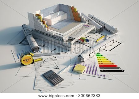 3D rendering of a bathroom under construction on top of blueprints, mortgage forms and a energy efficiency chart