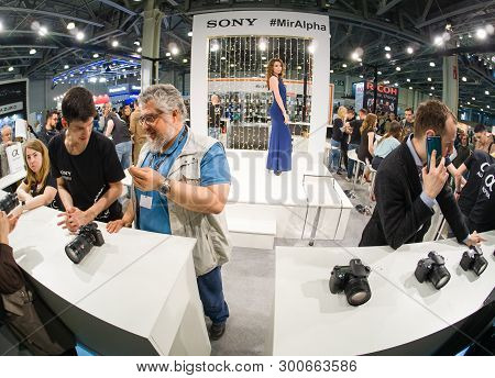 Moscow, Russia - April 11, 2019: Booth Of Sony Company At Photoforum 2019 Trade Show And Exhibition 