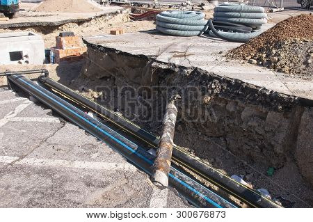 Construction Industry. Road Works. Excavation And Laying Of Gas Pipes. Laying Of Tubes For Optical F