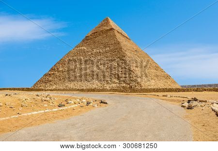 Asphalted Road To Pyramid Of Khafre In Giza Desert, Egypt