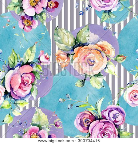 Pink Rose Bouquet Loral Botanical Flowers. Watercolor Background Illustration Set. Seamless Backgrou
