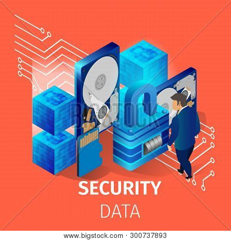 Security Data Square Banner. Man Working In Data Center Room Hosting Server Computer Monitoring Info