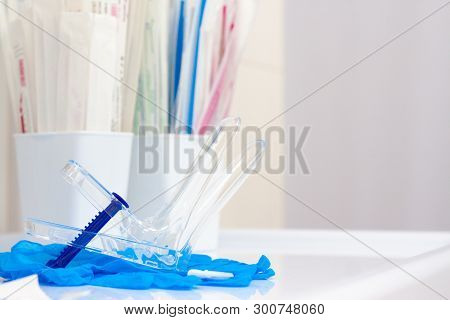 Medicine Instrument Vaginal Speculum, Vaginoscope, Gloves Gynecologist Doctor And Other Medical Equi