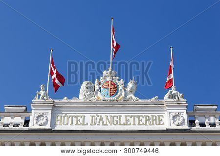 Copenhagen, Denmark - April 15, 2019: Hotel Dangleterre Facade In Copenhagen, Denmark. The Hotel D A