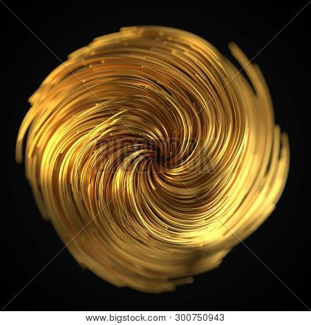 Golden Strings Flowing On Air. 3d Illustration With Black Background