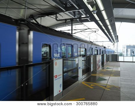 Jakarta, Indonesia - April 17, 2019: Mrt Jakarta Train Arrives At Lebak Bulus Mrt Station.