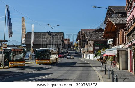 Brienz, Switzerland - Oct 21, 2018. Local Buses At Old Town In Brienz, Switzerland. Brienz Is A Beau