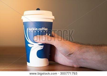 11 May 2019, Wuhan Hubei China : Man Hand Holding A Luckin Coffee Cup