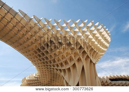 SEVILLE, SPAIN - APRIL 2, 2019: Exterior of Las Setas de Sevilla (Metropol Parasol). Completed in 2011, it is said to be the largest wooden structure in the World.