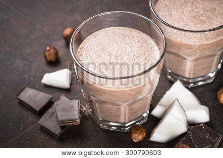Chocolate Coconut Hazelnut Milkshake Or Smoothie. Healthy Organic Drink.