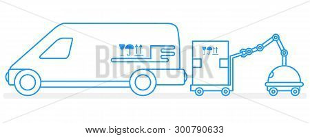 Vector Illustration With Robot Loader Loads Boxes Into A Car. Automation Warehouse Processes. Smart 