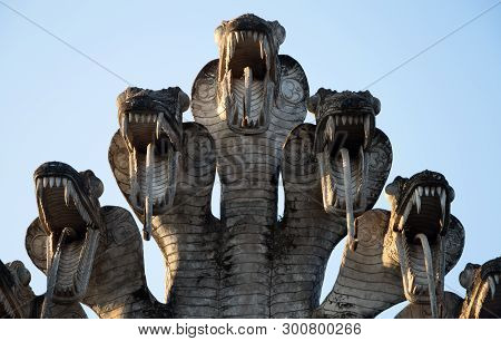 Nong Khai, Thailand, January 27, 2019 - Close Up Detail Of An Ancient Statue In Sala Keo Kou Temple,