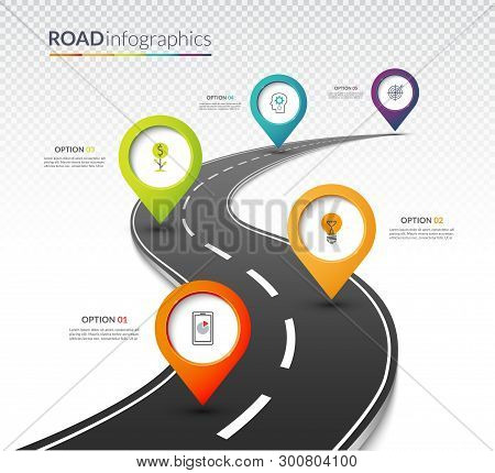 Road Map Timeline Infographic Template With 5 Colorful Pin Pointers On The Way. Vector Illustration