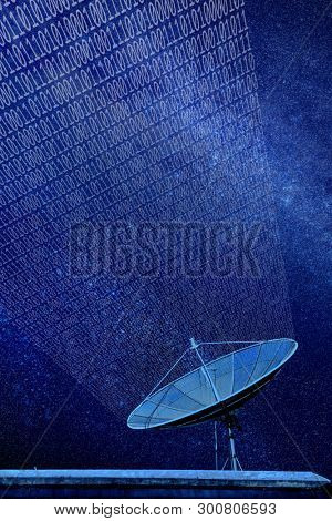 Conceptual image of a satellite dish antenna over night sky with abstract light manipulation and binary code
