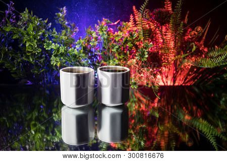 Tea Concept. Japanese Tea Ceremony Culture East Beverage. Teapot And Cups On Table With Bamboo Leave