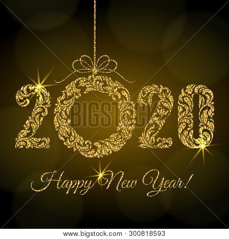 Happy New Year 2020. Decorative Font Made Of Swirls And Floral Elements. Golden Glitter Numbers And
