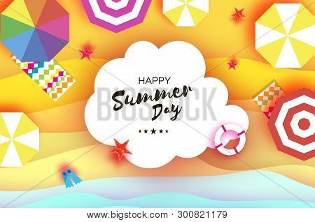 Top View Corolful Parasols - Umbrella In Paper Cut Style. Origami Sand Beach With Summer Equipment .