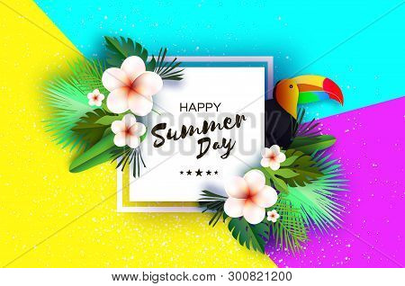 Toucan And White Hibiscus Flower. Tropical Summer. Palm Leaves, Plants, Frangipani - Plumeria In Pap