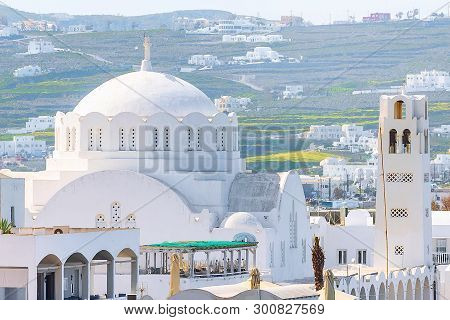 Fira Orthodox Metropolitan Cathedral Or Church Of Candlemas Of The Lord Aerial View, Santorini Islan