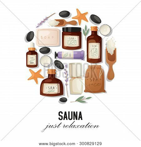 Sauna And Spa Banner Vector Illustration. Realistic Plastic Containers Bottles, Tubes And Jars For C