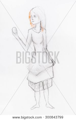 Sketch Of Girl Looking On Egg In Outstretched Arm Hand-drawn By Black Pencil On White Paper