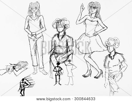 Sketches Of Various Female Figures Hand-drawn By Black Ink On White Paper