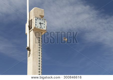 Concrete Stella On The Beach With A Clock And A Flag On The Ocean
