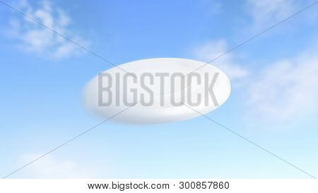Blank White Flying Plastic Frisbee Mockup, Motion Blur, Sky Background, 3d Rendering. Empty Flying D