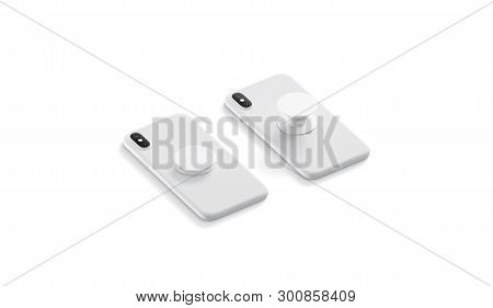 Blank White Phone Pop Sockets Sticked On Smartphones Mockups, Lying Isolated, Side View, 3d Renderin