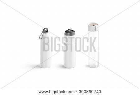 Blank White Sport Bottles Types Set Mockups, Isolated, Side View, 3d Rendering. Empty Transparent Co