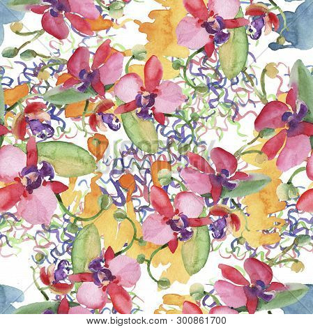 Orchid Bouquets Floral Botanical Flowers. Watercolor Background Illustration Set. Seamless Backgroun