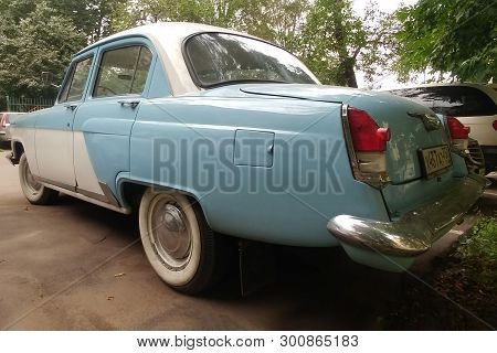 Moscow, Russia - May 05, 2019: The Rare, Restored Soviet Car Gas 21 Volga. A Blue And White Bi-color