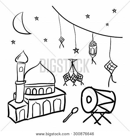 Celebration Of Eid Al-fitr Doodle Design, Vector Template
